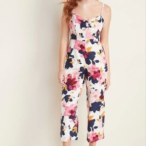 Tie front linen blend floral jumpsuit
